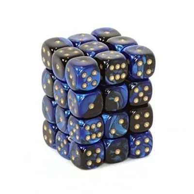 Produktbild von Chessex Gemini Schwarz-Blau/Gold D6 12mm Würfelset (36 Stück)