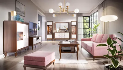 Produktbild von Wohnzimmer Set Vitrine Kommode Spiegel Wohnwände Kommoden Design Schrank 4tlg.