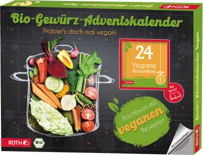 A product box for a vegan spice advent calendar, featuring an illustration of vegetables in a pot and promotional text.