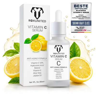 Produktbild von ROXUNITED Vitamin C Serum [BIO] Vergleichssieger 2024 - mit Hyaluronsäure - Anti-Aging - Aloe Vera - Vitamin E - Perfekte Hautpflege, 30 ml