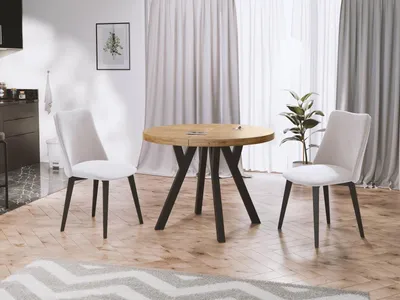 Produktbild von Designer Runder Ausziehbarer Esstisch - Loft-Stil, Industriell, Platzsparend - Schwarze Beine - 100 bis 150 cm - für 5-8 Personen - Hergestellt in EU - Wotan Eiche - 150 cm