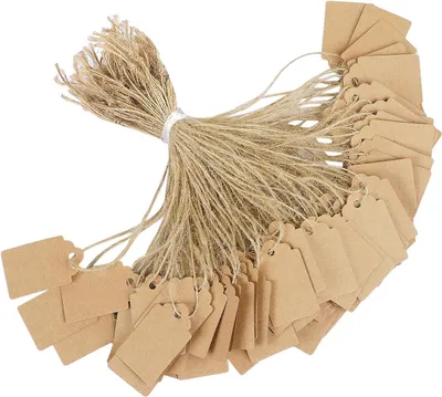 Produktbild von 200 braune Kraftpapier-Etiketten 3,5 x 2,2 cm mit Schnur, handbeschriftet, für Schmuck und Kleidung.