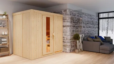 Produktbild von Karibu Sauna Innensauna Bodin Fronteinstieg Ofen 9 kW integr. Strg 210x165x202 cm mit Dachkranz mit Energiespartür