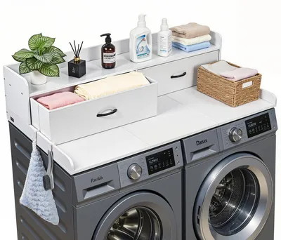 Immagine prodotto di Piano di lavoro VEVOR per lavatrice e asciugatrice (137 x 69,9 cm) con ripiano, 2 cassetti e ganci, per armadio della biancheria, dispensa o bancone da cucina, portata massima 113 kg, bianco, ripiano per i detersivi