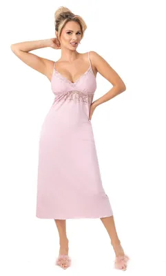 Produktbild von Donna Damen verführerisches langes Nachthemd/Negligee ohne Ärmel mit eleganter Spitze, lang Spaghettiträger Rosa, Gr. 36