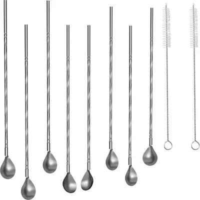 Immagine prodotto di Intirilife 8x cucchiai di paglia in acciaio inox ecologico in argento con 19 cm di lunghezza, 2 spazzole strette per la pulizia e un sacchetto per la conservazione della biancheria - Per casa ristorante bar hotel
