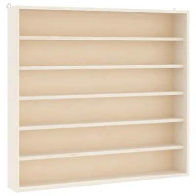 A white wooden display shelf with six shelves against a white background.