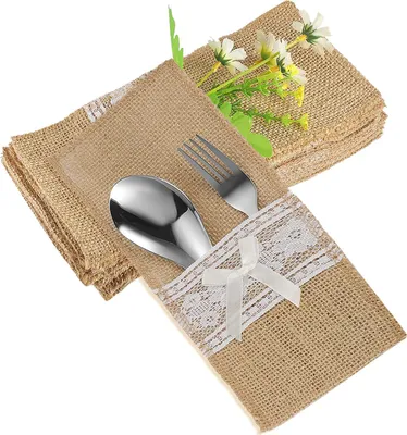 Produktbild von 20 Stück Jute Bestecktaschen Besteckbeutel Besteckhalter Sackleinen mit Spitze Vintage Hochzeitsdeko Tischdeko für Hochzeit Party (Bestecktaschen aus Jute)