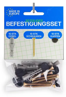 Produktbild von Vorhangschiene Befestigungsset – 50x Schrauben, Dübel & Kappen - Montage-Zubehör für Gardinenschienen & Innenlaufschienen – inkl. Verschlusskappen