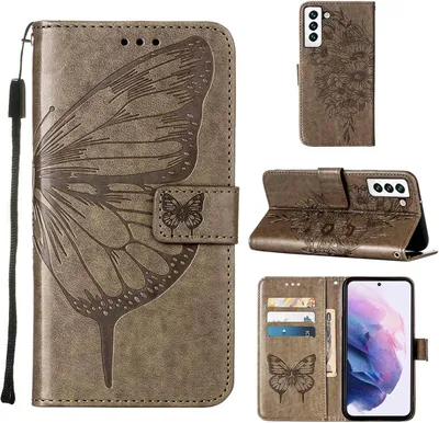 Produktbild von Galaxy S22 Hülle, Schmetterling Prägung Flip Leder Kartenfächer Schutzhülle Ledertasche mit Ständer für Samsung Galaxy S22 Grau