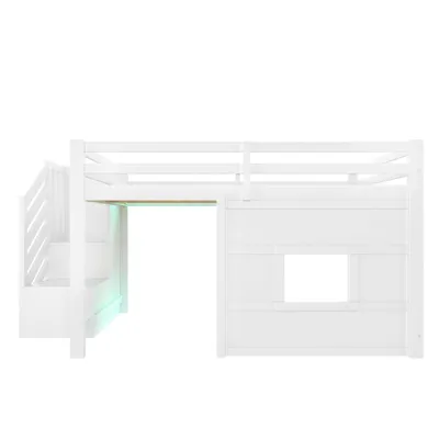 Produktbild von Merax Etagenbett 140x200 cm, mit Fenster, LED, Stauraumtreppe, Sicherheitshandlauf, Hochbett Kinderbett Holzbett, Jugendbett, Stockbett, Weiß