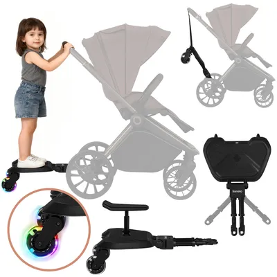 A child stands on a stroller board next to a stroller, with other components of the stroller board shown separately.