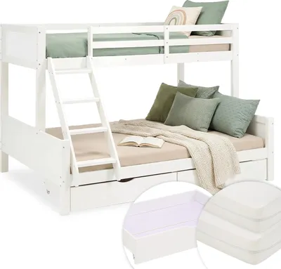 Image de Lit superposé enfant avec 2 matelas, 90x200 cm et 140x200 cm, bois blanc – lit superposé double / lit mezzanine avec 2 tiroirs de lit