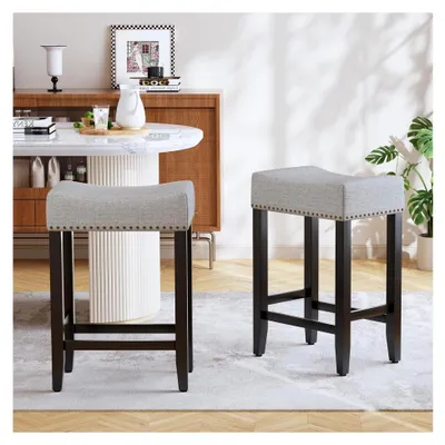 Produktbild von Barhocker 2er Set, 65,5 cm hoher Barstuhl aus Leinen, Schminkstuhl, Esszimmerstuhl, Badhocker, Bürohocker, Tresenhocker mit Fußstütze für Küche, Wohnzimmer, Esszimmer, Grau