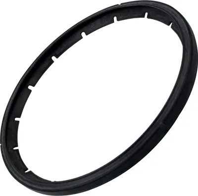A black rubber gasket ring on a white background.