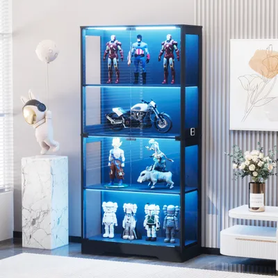 Produktbild von Glasvitrine 80 x 35 x 165 cm, 3-farbige LED-Beleuchtung mit Bewegungssensor, Glastüren mit Drucköffnung, 4 Ebenen, Glas und MDF, Schwarz