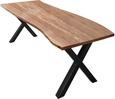 Produktbild von Esszimmertisch 260x100 cm Xaver, Baumkantentisch naturfarben, Akazienholz massiv, X-Gestell aus Metall schwarz