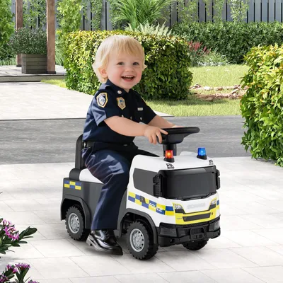 Image de COSTWAY Voiture 2 en 1, voiture de police avec volant, lumière LED, espace de rangement, klaxon&musique, voiture toboggan, véhicule portable pour enfants 1+Blanc