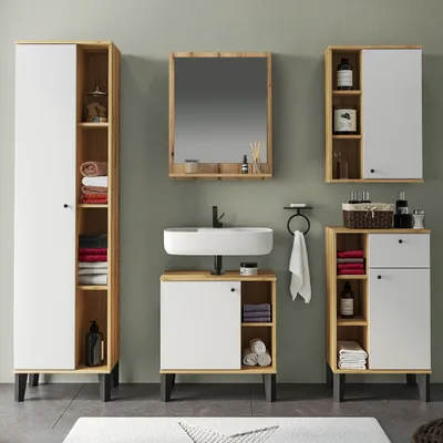 Produktbild von Badmöbel-Set 5-teilig mit Waschbeckenunterschrank 60 cm, Hochschrank, in Eiche mit weiß OLEAN-61