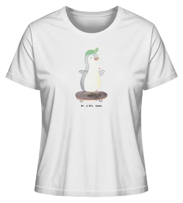 Produktbild von Mr. & Mrs. Panda Damen T-Shirt Pinguin Skateboarden Größe M - Weiß - Geschenk, Basic, Rundhals, Sommershirt, Skaten, Oberteil, Skateboard, Skateplatz, fahren