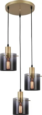 A pendant light fixture with three glass shades and exposed bulbs.