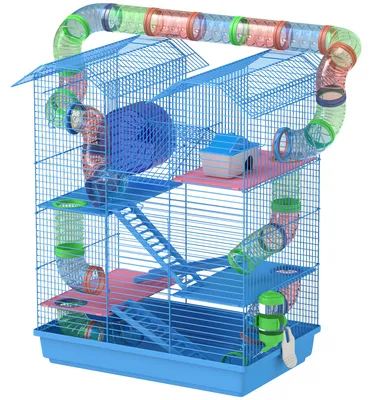 Produktbild von PawHut Kleintierkäfig Nagerkäfig mit Laufrad Kleintierhaus Futternapf Blau