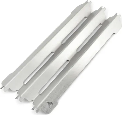 Three metal grill heat shields are arranged diagonally on a white background.