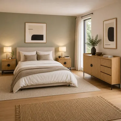 Immagine prodotto di Set per camera da letto HWC-O39, composto da: 2 comodini, 1 mobiletto contenitore, con cassetti in MDF melaminico e struttura in metallo, finitura naturale