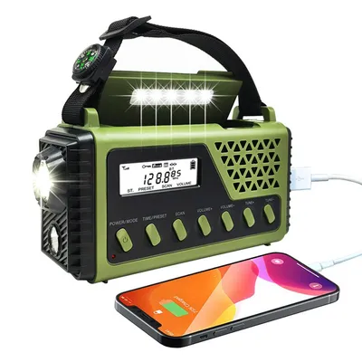 Produktbild von 5-in-1 Bluetooth-Solar-Handkurbel-Radio, 8000 mAh Powerbank, LED-Licht, SOS-Alarm, AM/FM/SW, ideal für Camping, Outdoor, Stromausfall und Notfälle