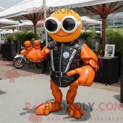 Produktbild von Orange REDBROKOLY Crab Cakes Maskottchen Kostüm Charakter gekleidet mit einer Bikerjacke und Brille
