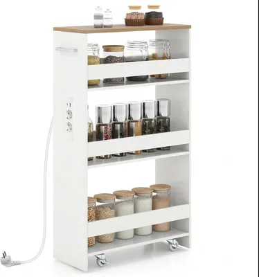 Produktbild von KOMFOTTEU Nischenwagen mit Ladestation, Kleiner Küchenwagen mit Rollen, Organisationswagen Rollregal platzsparend mit Griff (Weiß + Natur, 47,5 x 20 x 80,5 cm)