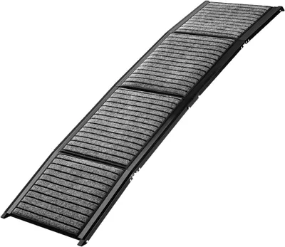 Produktbild von Hunderampe klappbar 158 cm, Autorampe für Hunde, bis 110 kg Tragkraft, 4-Fach klappbar, Aluminium, rutschfeste Teppichoberfläche, Sicherheitsgurt, Einstiegshilfe für Auto, SUV, Sofa, Bett