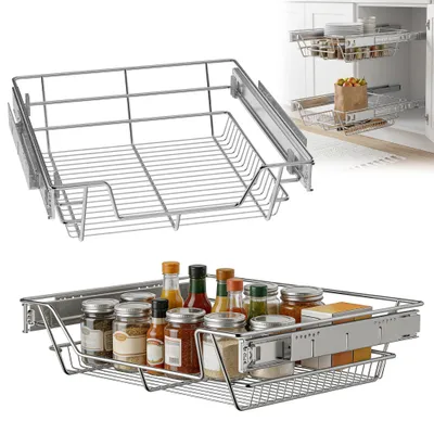 Produktbild von JOIEYOU 2X Teleskopschublade Küchenschrank Korb, Schrankauszug Metall mit Vollauszug, Drahtkorb für 50 cm Schränke, Nachrüstbarer Korbauszug, Silber