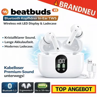 Obrázok produktu pre Slúchadlá beatbuds™ X1 Bluetooth do uší TWS bezdrôtové s LED displejom a nabíjacím puzdrom: biele
