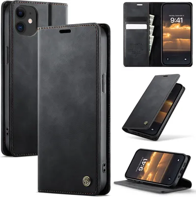 Obrázek produktu pro Kožené pouzdro pro iPhone 12 /iPhone 12 Pro, RFID ochranou, magnetickým zavíráním, přihrádkami na karty a funkcí stojánku Černý
