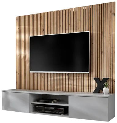 Produktbild von TV-Lowboard Set "iLike" in hellem Grau und Artisan Eiche TV Unterteil mit Akustikpaneel 160 cm, Push-to-Open
