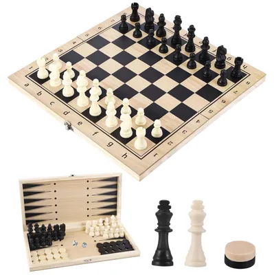 Productafbeelding van Houten opvouwbaar schaakbord 3-in-1 voor schaken, dammen en backgammon (29x29 cm)