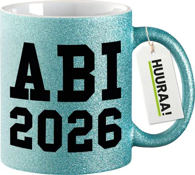 Produktbild von Huuraa Glitzertasse ABI 2026 Abitur 330ml Blau Keramik Kaffeebecher Geschenkidee