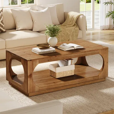 Image de Table basse massive en bois, 120 cm Table d'appoint de style cottage avec espace de rangement pour le salon, table basse rectangulaire à deux niveaux, table de salon