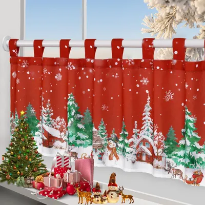 Kurzgardine mit Schlaufen, Weihnachtsmotiv, 45x120 cm, Schneeweiß Rot