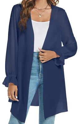 Produktbild von Damen Kimono-Cardigan, langer, leichter Strickmantel, dunkelblau, Größe M