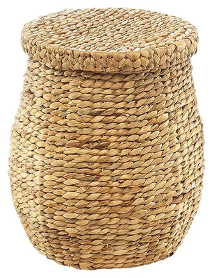 A woven basket with a lid, isolated on a white background.