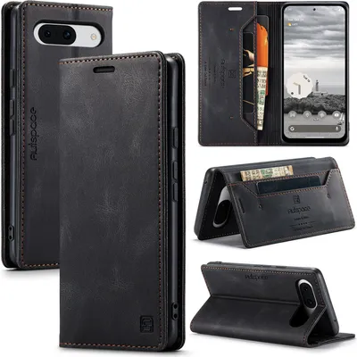 Produktbild von Google Pixel 8A Hülle, Retro Kunstledertasche Stand Schutzhülle für Google Pixel 8A Schwarz