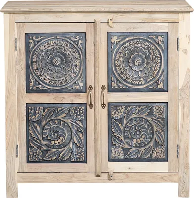 Produktbild von Marrakesch Boho Kommode mit Türen aus Teak Holz 96cm | Skandinavische Deko kleines Sideboard Komode Abelina handgeschnitzt für stilvolle Aufbewahrung & Dekoration im Wohnzimmer & Schlafzimmer