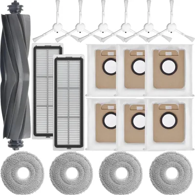 A collection of robot vacuum cleaner accessories laid out on a white background.