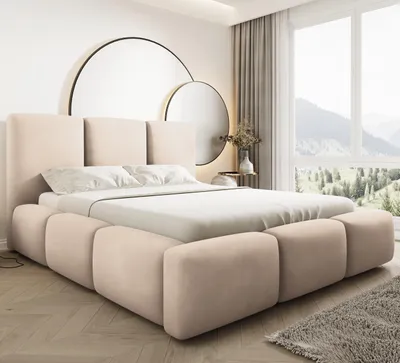 Produktbild von Bubble Polsterbett 120x200 cm Beige – Velluto Samtbezug, Bettkasten, hochklappbarer Lattenrost mit Gasdruckfedern, Modernes Designerbett