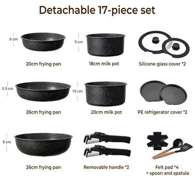 Image de Ensemble de casseroles et poêles 17 pièces - Set de batterie de cuisine - Revêtement antiadhésif - Poignée amovible - Couvercles en verre - Alliage d'aluminium - Noir
