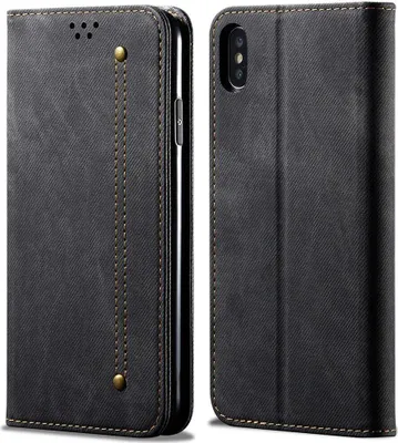 A black flip-style phone case for an iPhone XS Max is shown from two angles.