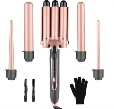 Produktbild von Lockenstäbe, 5 in 1 Lockenstab Set, austauschbare 4 Lockenstäbe, für alle Haartypen geeignet, wird mit Handschuhen und 2 Haarnadeln geliefert