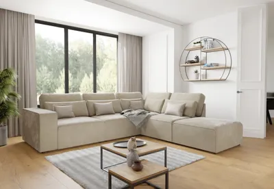 Produktbild von S-STYLE MÖBEL - Margarete - Modulare Ecksofa in Beige Samt-Stoff mit Rücken und Lendenkissen, B/T/H: 305 cm / 281 cm / 90 cm, Ottomane rechts